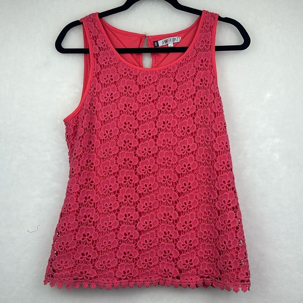 Jennifer Lopez Women's Coral/Pink Tank Top Sz Large Crochet/Eyelet Floral Design